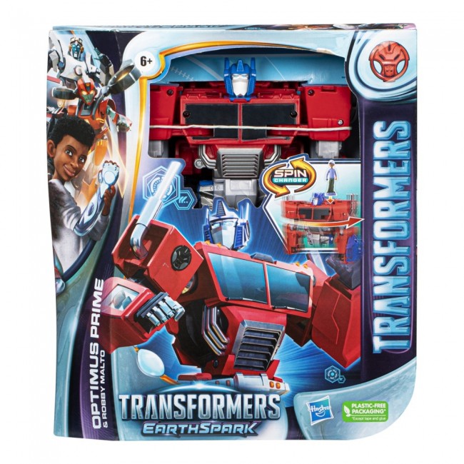 TRANSFORMERS EARTHSPARK SPIN CHANGER OPTIMUS PRIME AND ROBBY MALTO