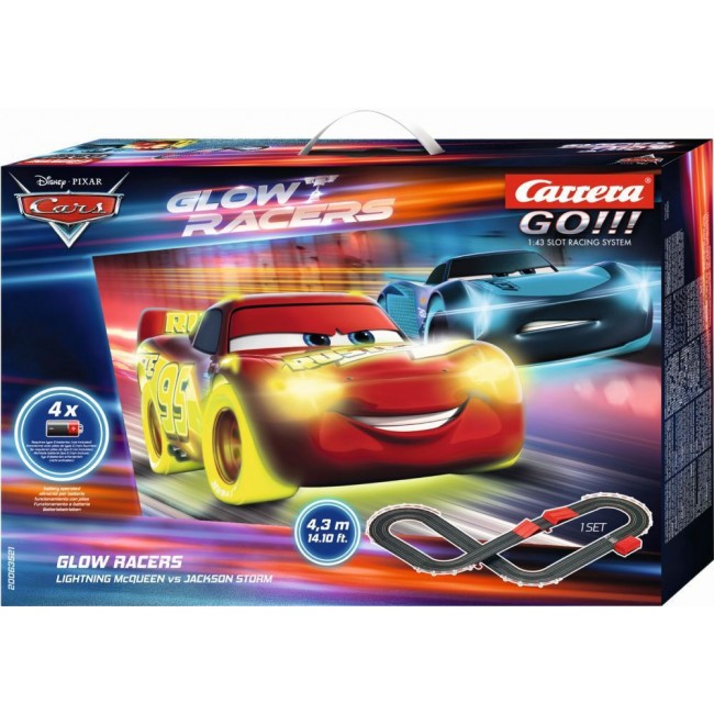 CARRERA GO SET DISNEY CARS GLOW RACERS LIGHTNING MCQUEEN VS  JACKSON STORM